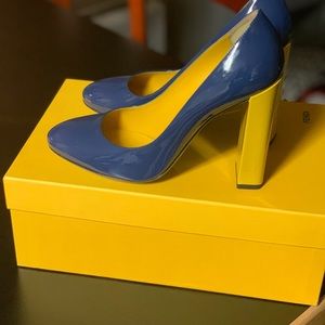 Fendi blue and yellow block heel pump
